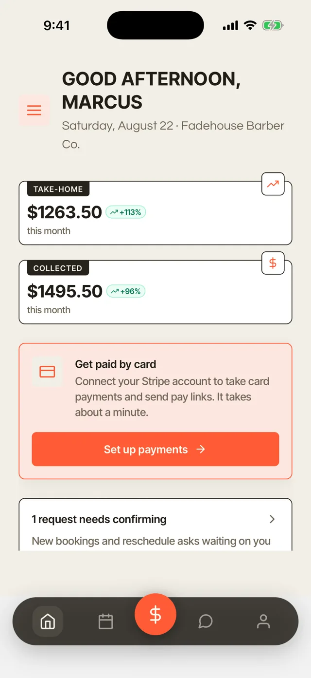 The shop dashboard on a phone: today's take-home and collected totals, and the request needing confirmation.