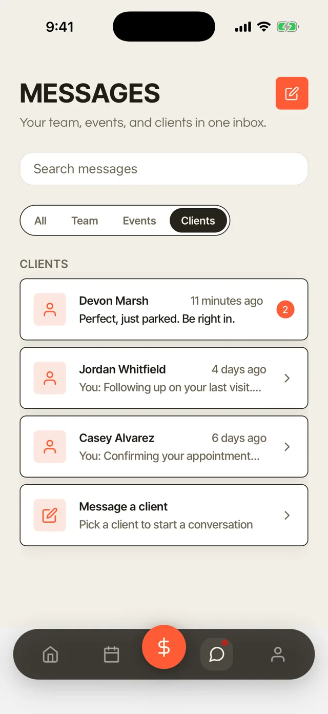 The client message inbox on a phone, with an unread reply from a client about to walk in.
