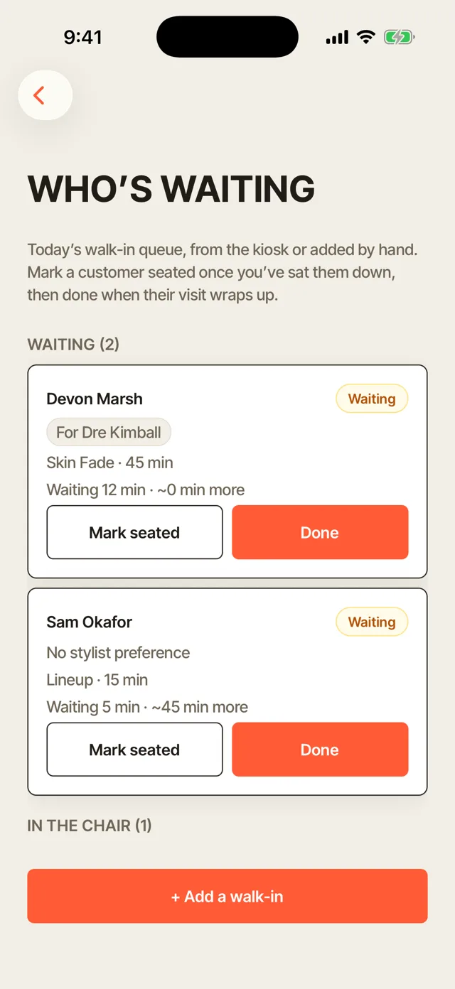 The walk-in queue on a phone: two clients waiting, one already in the chair.