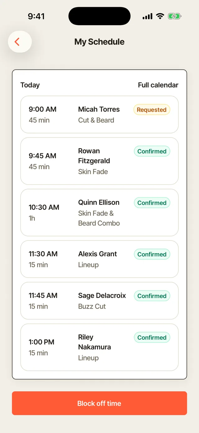 The day's schedule on a phone: six appointments booked for today, from a lineup to a full skin fade and beard combo.