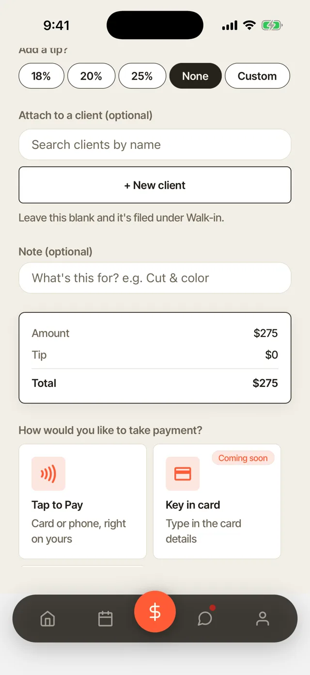 The Turbo Link app: collect payment, $275 total, with Tap to Pay offered as the payment method.