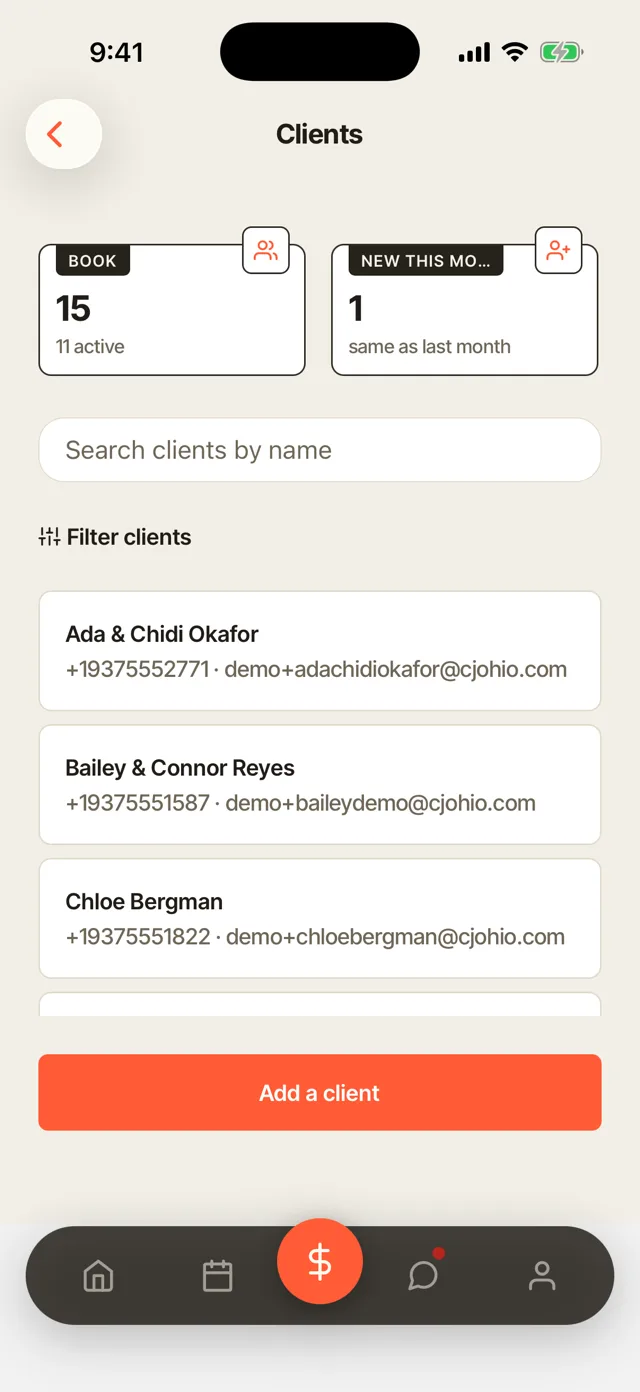 The client book in the app: fifteen clients with eleven active, and a search field above them.