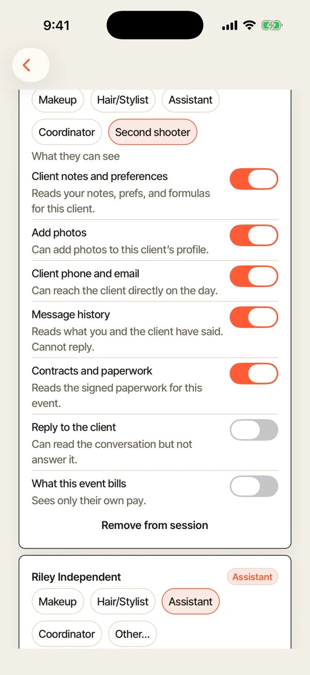 A second shooter's access on one session: client notes, add photos, client phone and email, message history and contracts all on; reply to the client and what this event bills both off.