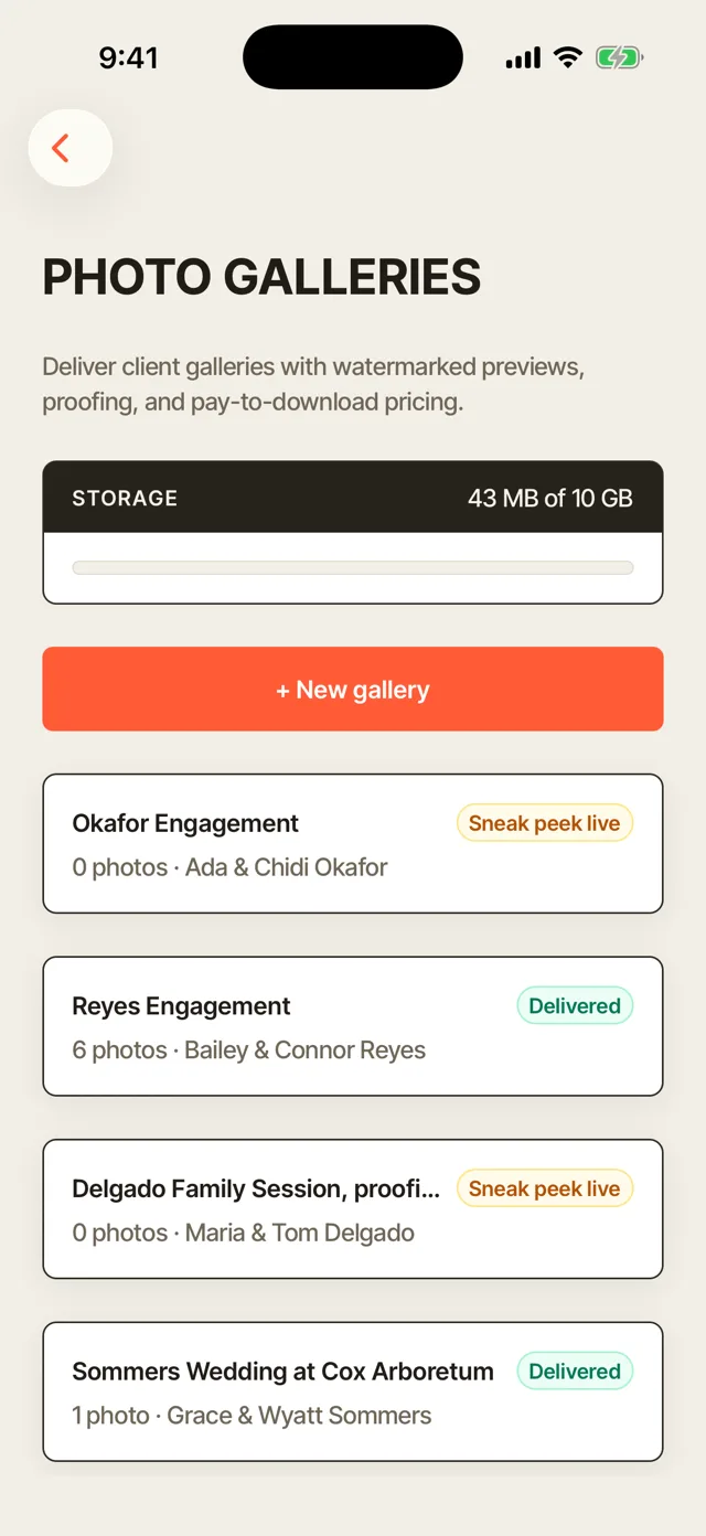 Client galleries on a phone: what has been delivered and what is still processing.