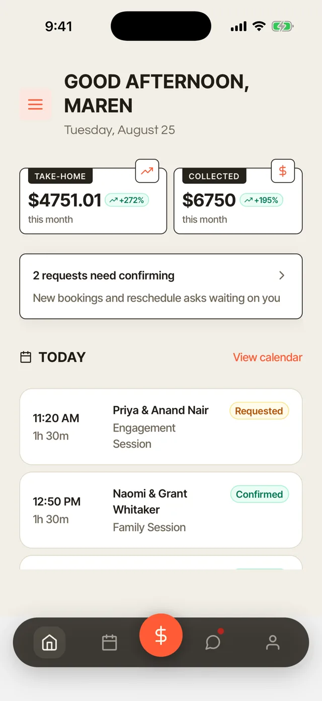 The app today view: the day's sessions with take-home and collected totals.