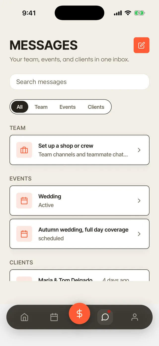 The message inbox in the app: team, event and client conversations in one list.