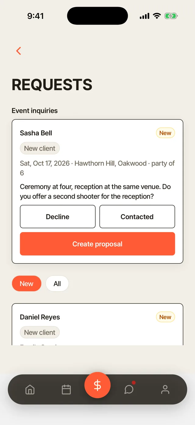 Booking requests in the app: an event inquiry with the date, venue and party size, and Decline, Contacted and Create proposal on the card.