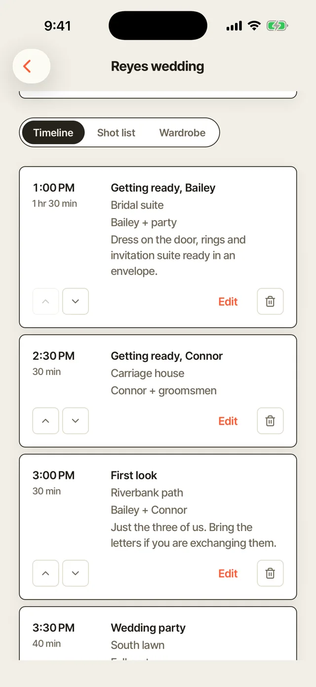 A session plan on a phone: the shot list and timings for the day's booking.