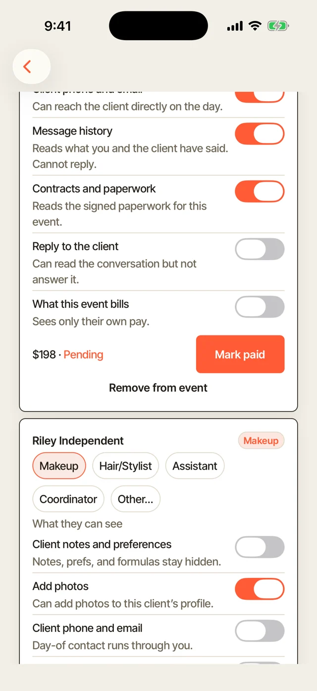 A stylist's access on one booking: message history and paperwork on, replying to the client and what the event bills both off, with the helper's payout pending underneath.