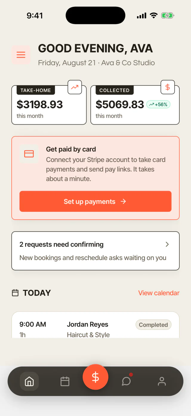 The operator app: the day's money, requests waiting, and the schedule, on a phone