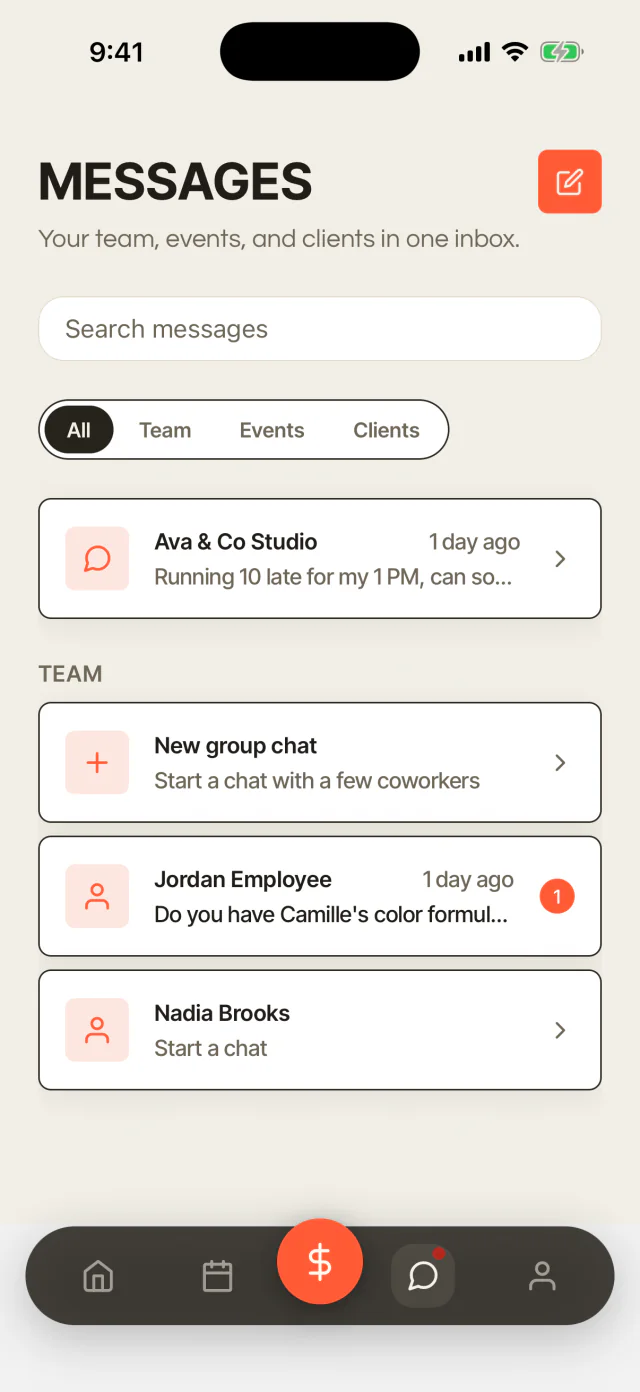 The client message inbox on a phone, answered between appointments.