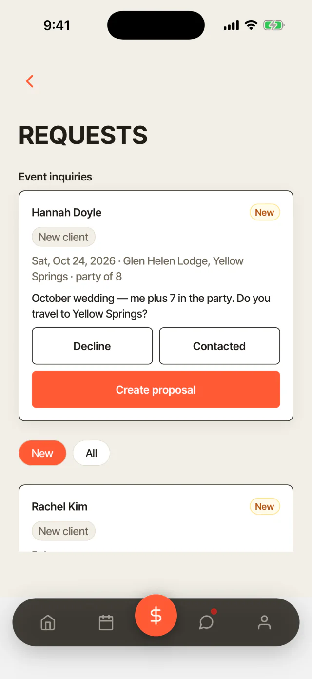 New booking requests waiting on a phone, each with the service and the time asked for.