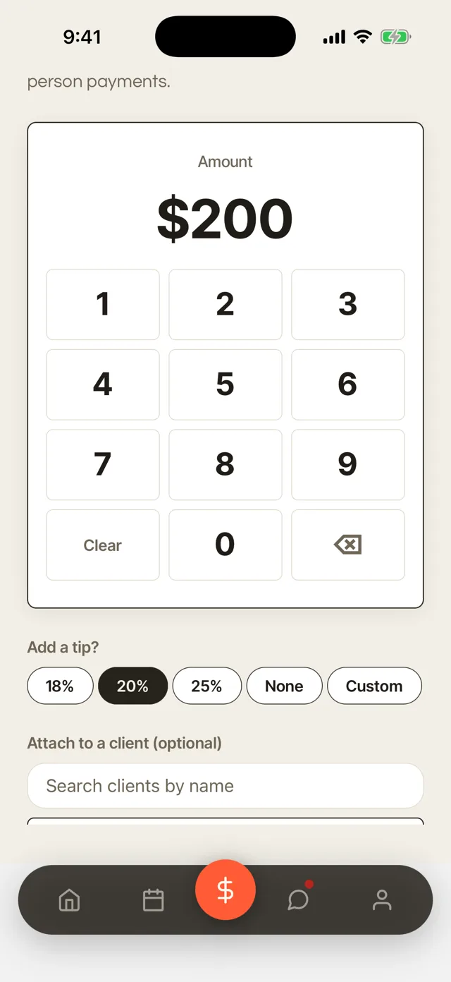 Collect payment: the keypad staged at $200 with a 20% tip selected.