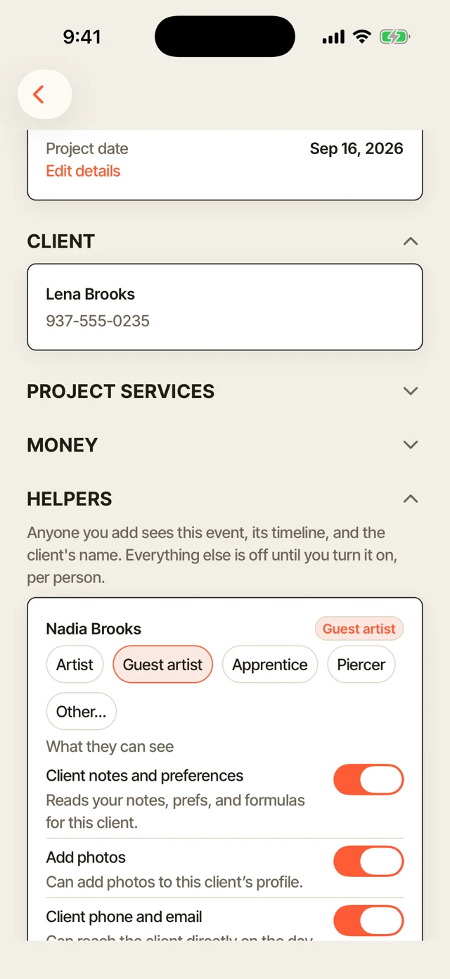 A guest artist's access on one project: the role set to Guest artist, with client notes, photos and contact turned on.