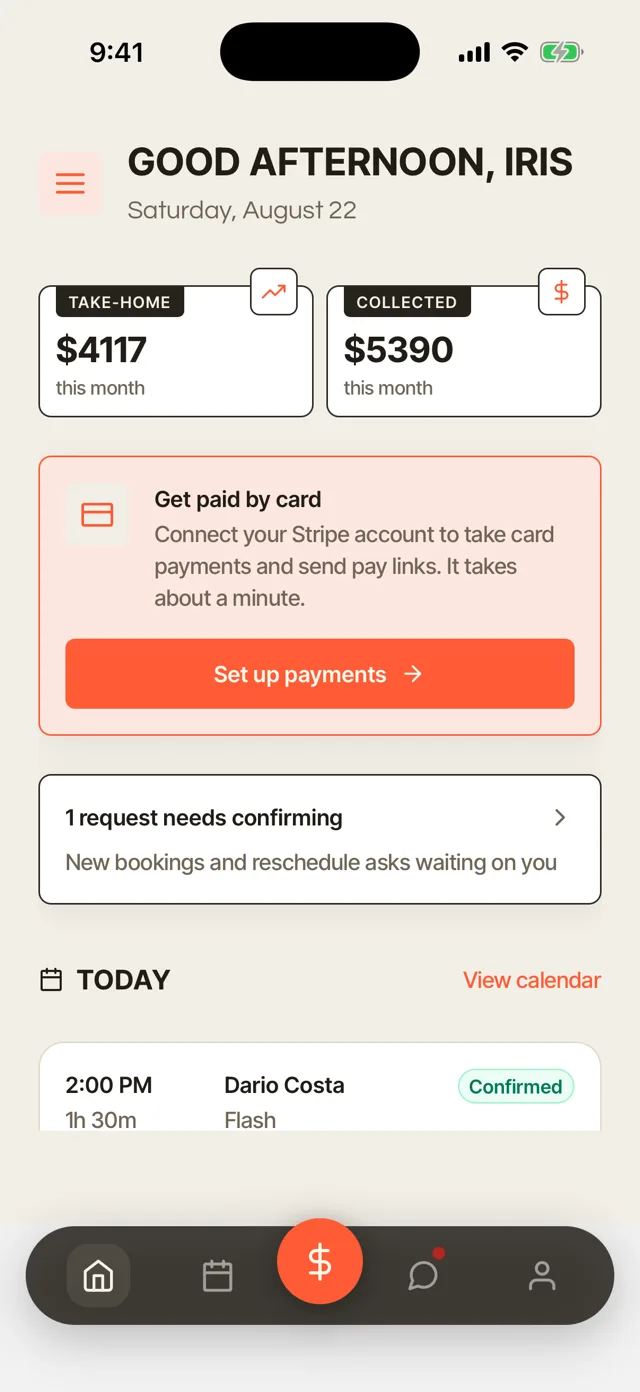 The dashboard: take-home and collected totals, and today's 2:00 PM Flash session, confirmed.
