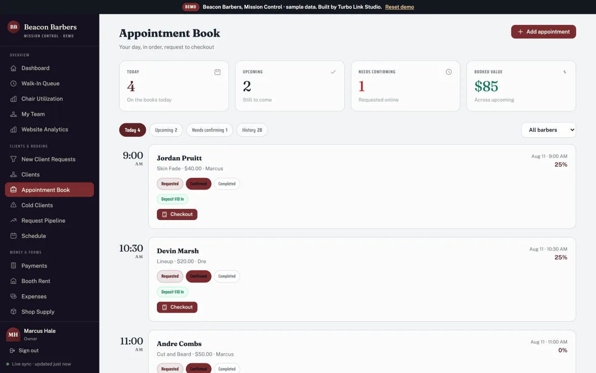 The appointment book for four chairs on a Saturday, with walk-ins and booked clients side by side.