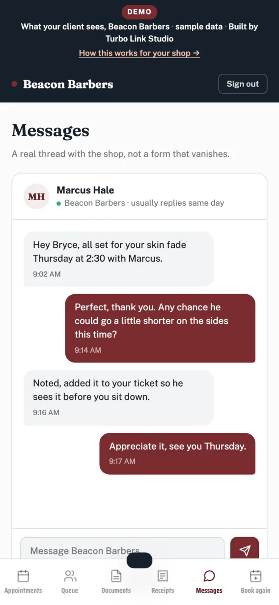 A two way thread between a client and their barber, in the portal.