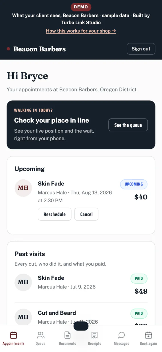 The client portal: the next cut, past visits, and what each one cost.