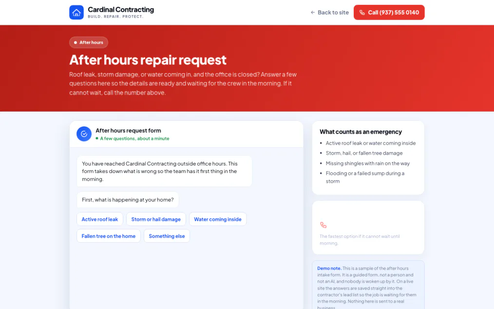 The Cardinal Contracting after hours intake form, open on the homeowner's browser with no account required.