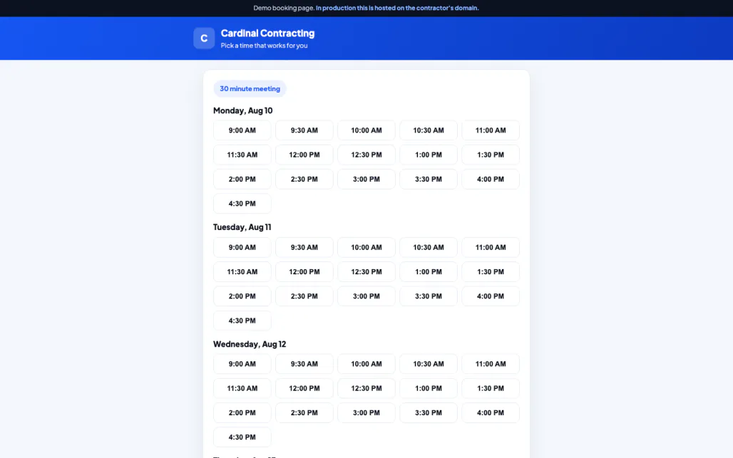 The Cardinal Contracting booking page, showing real open time slots for a homeowner to pick.