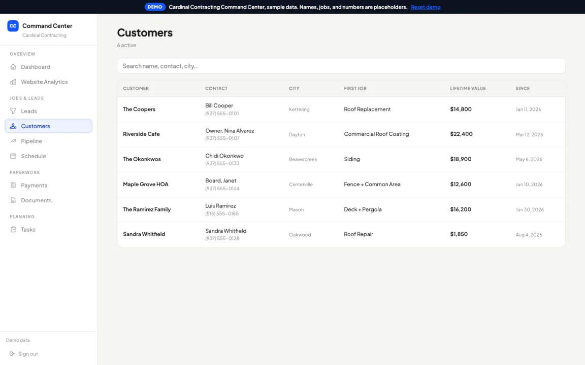 Customers and jobs: a customer record with past jobs, open jobs, and what is booked against availability.