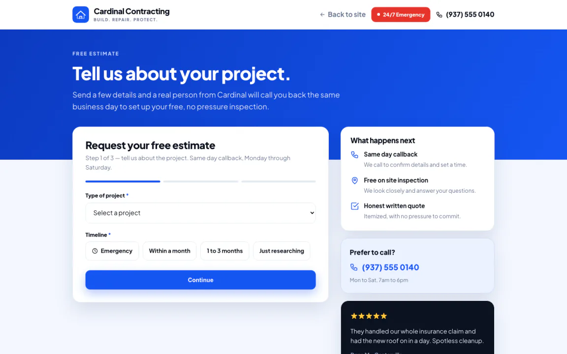 The estimate request form: project type, timeline and the problem, on the Cardinal Contracting site.