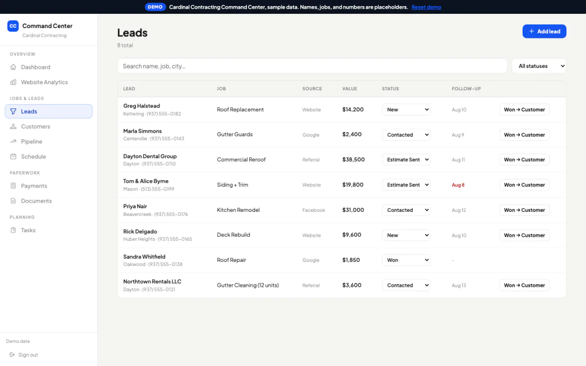 The leads list in a demo contracting business, showing every lead and the stage it is at