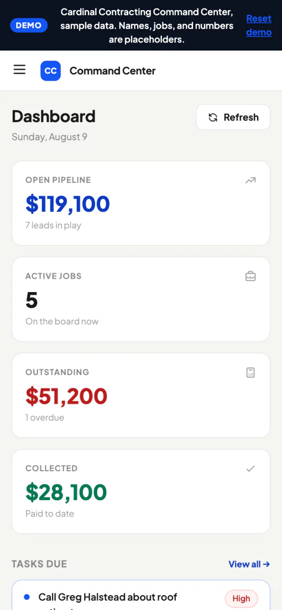 The Command Center dashboard open in a phone browser, showing the day's tasks and new leads.