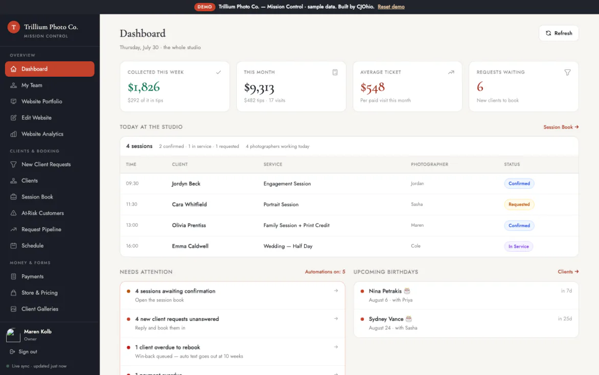 Trillium Photo Co. dashboard, showing which clients are due to rebook and whose birthdays are coming up.
