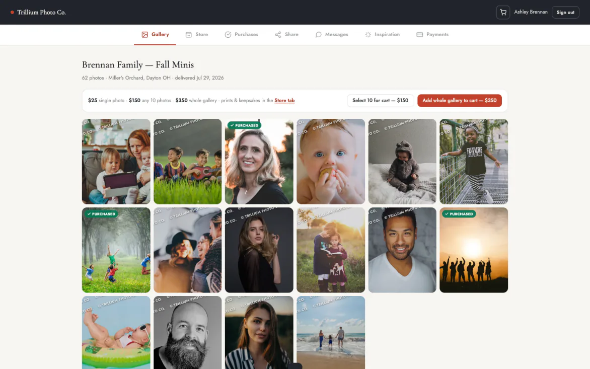 The client gallery: watermarked previews with purchase options.