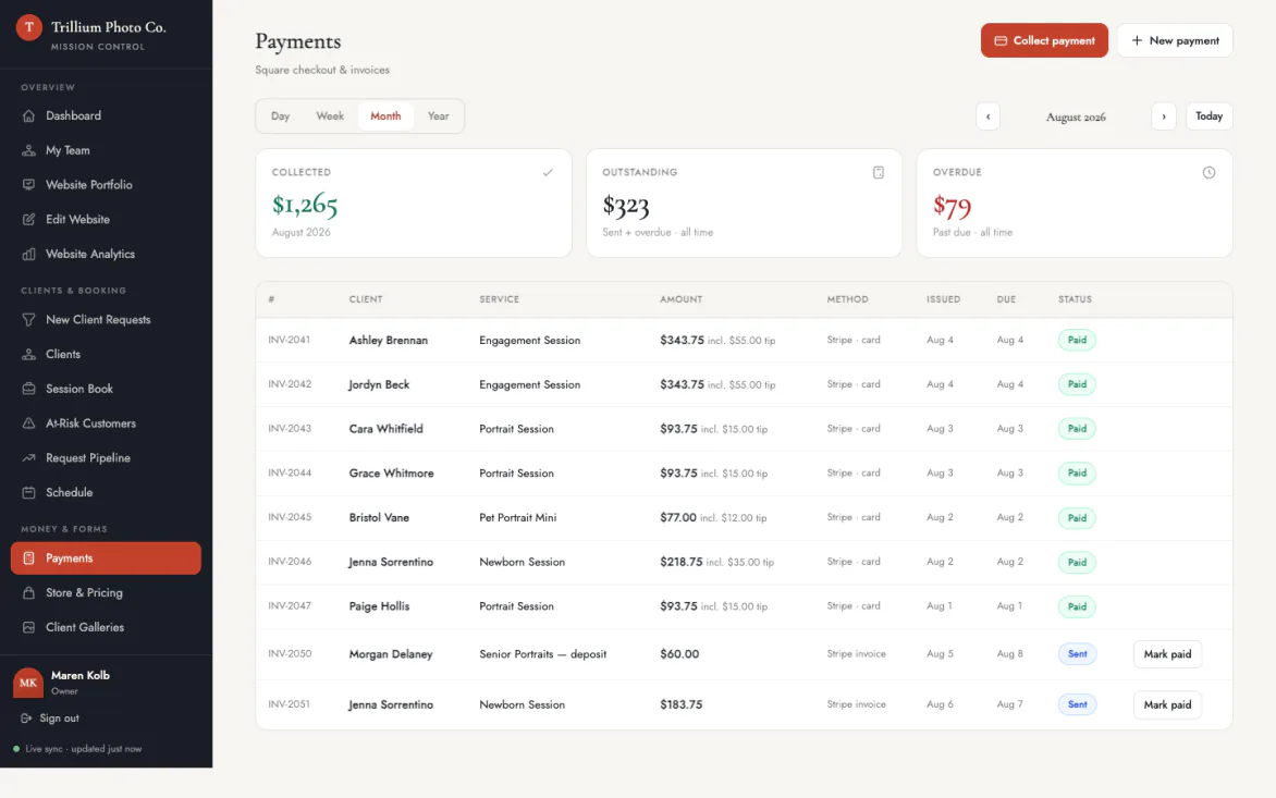 The Payments screen: invoices with statuses on the client record.