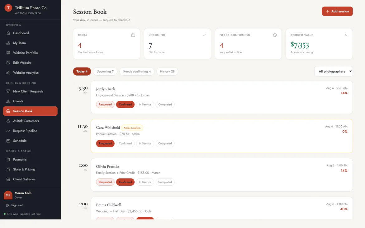 The Session Book: today's sessions with statuses, booked value, and requests needing confirmation.