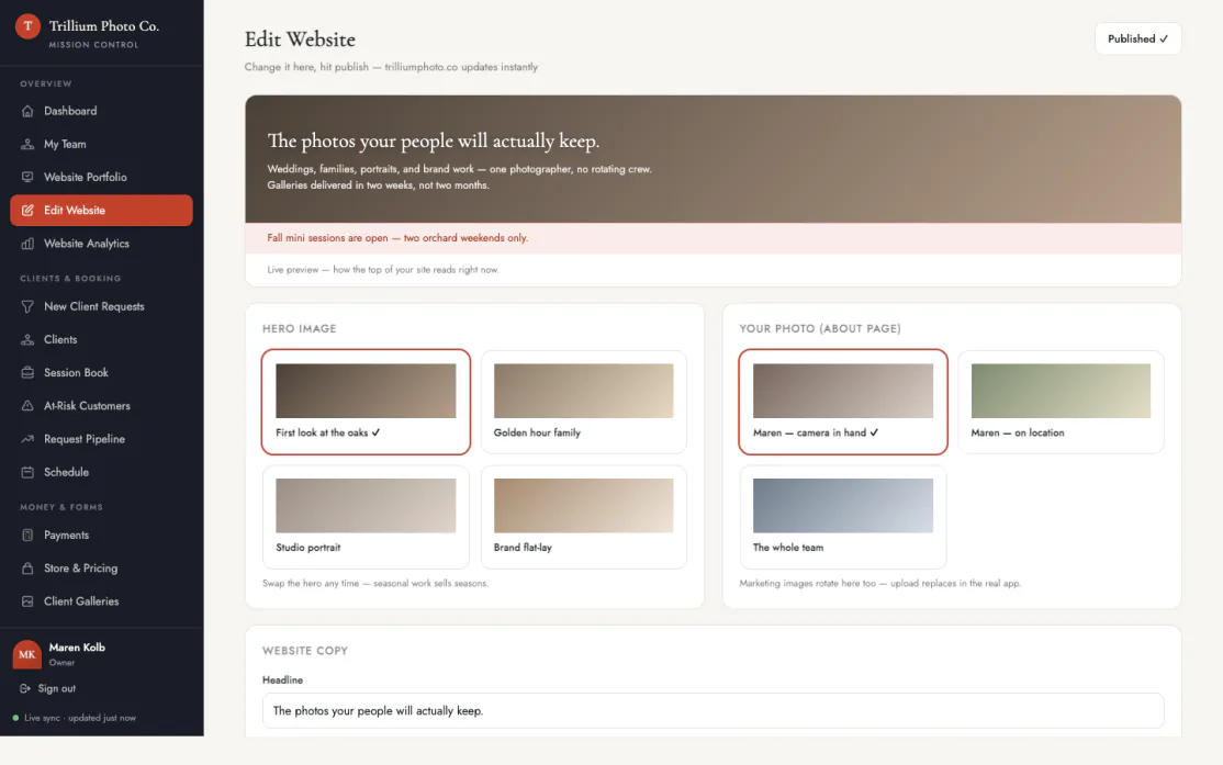 The Edit Website screen: live preview, hero image picker, and plain-field copy editing.