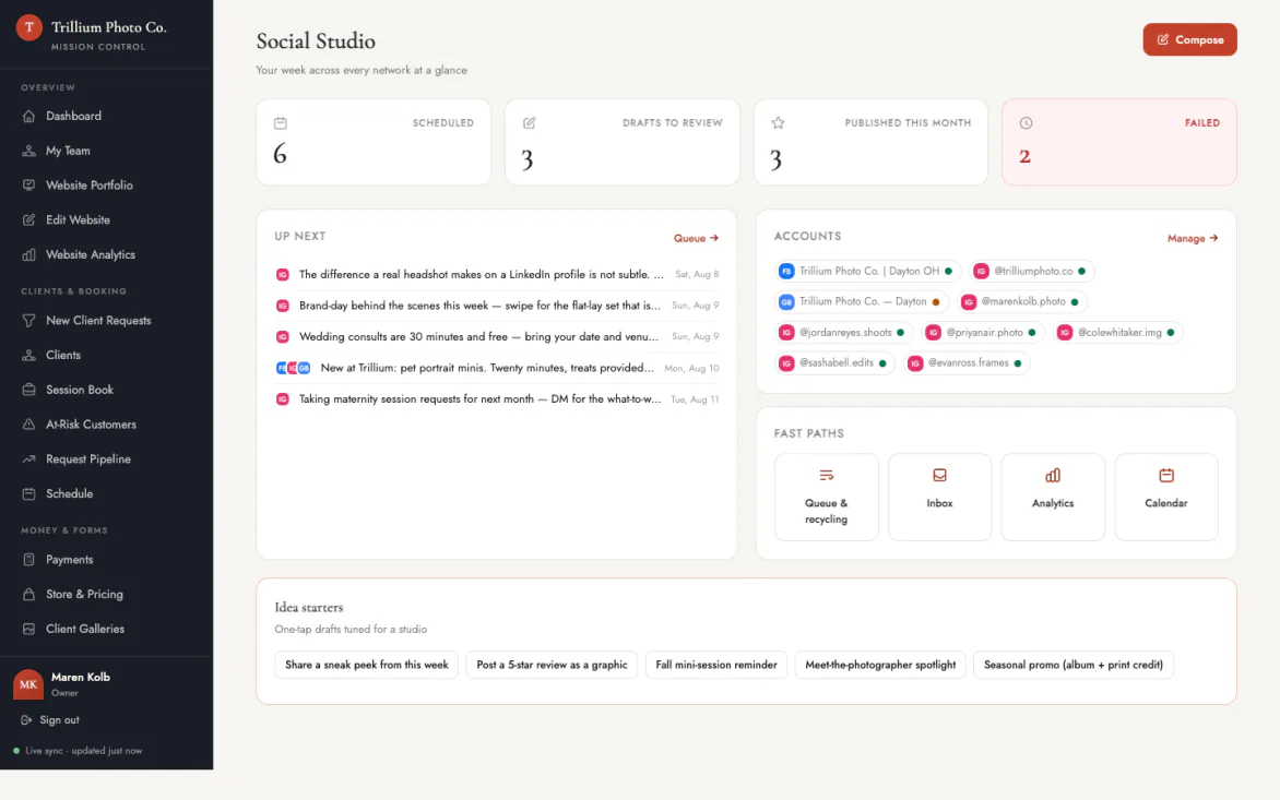 Social Studio: the week across every network, queued posts, and one inbox.