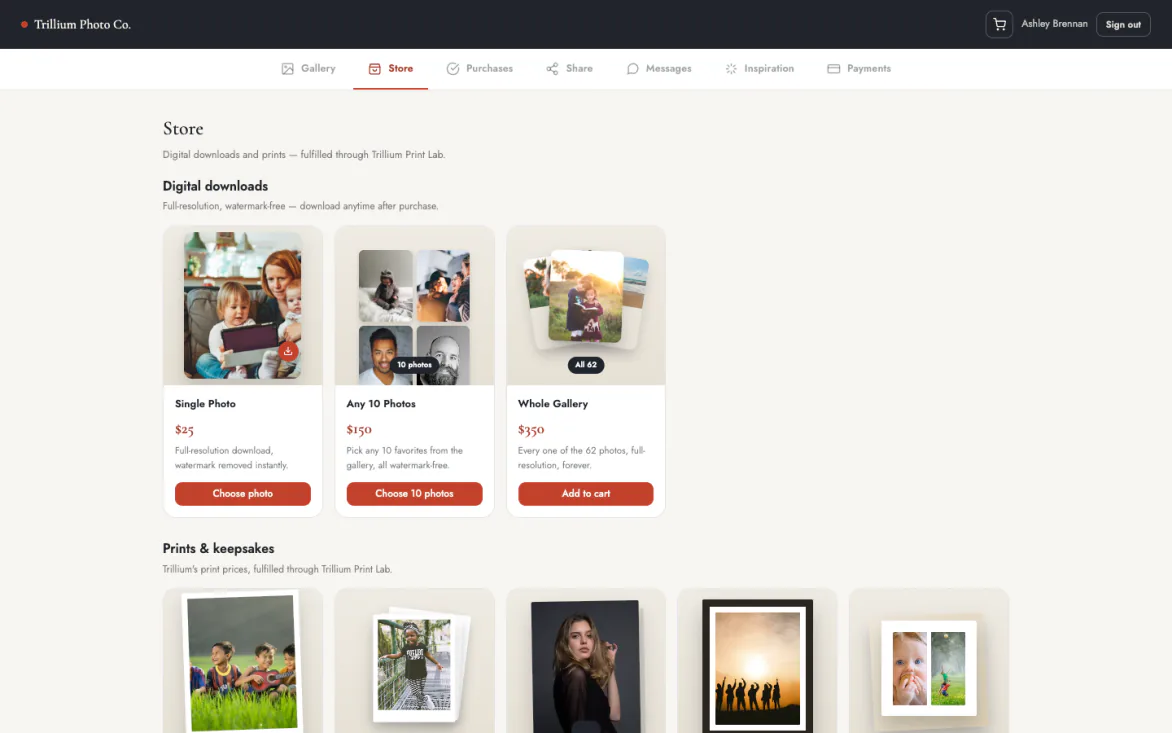 The gallery store: digital downloads, prints, and keepsakes at the photographer's prices.