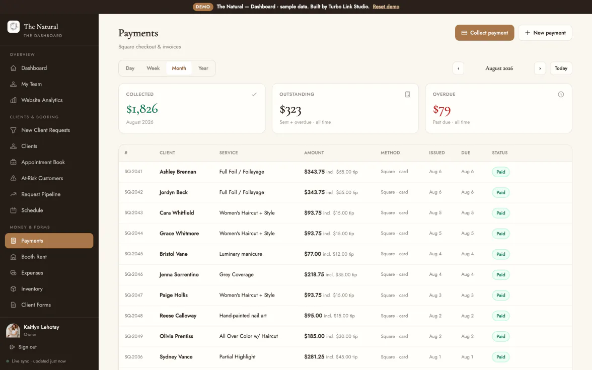 Checkout: the ticket, product added, and the tip, ready to ring out.