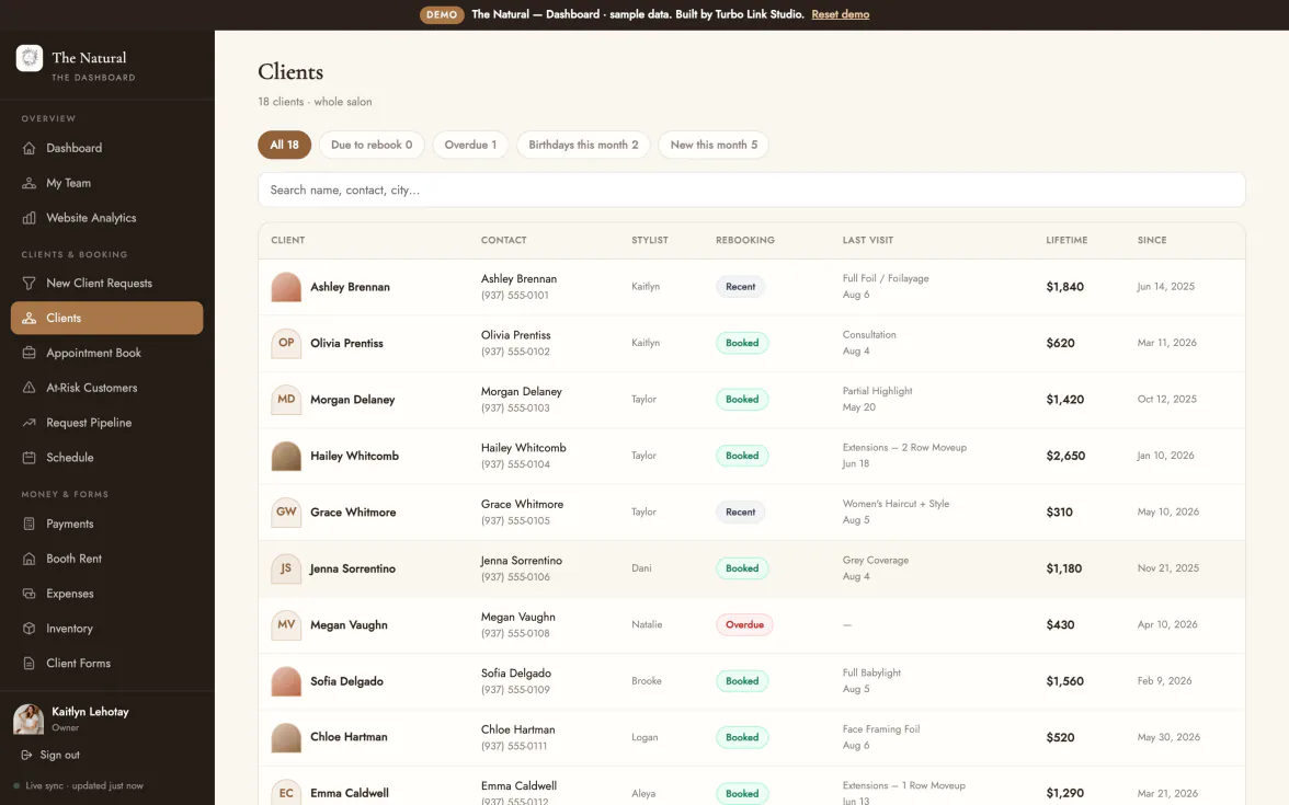The client book: every client with their last visit, lifetime spend and rebook status.