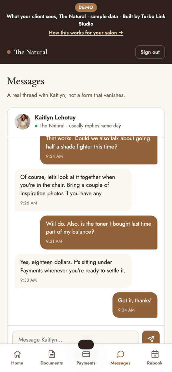 A two way thread between a client and their stylist, in the portal.