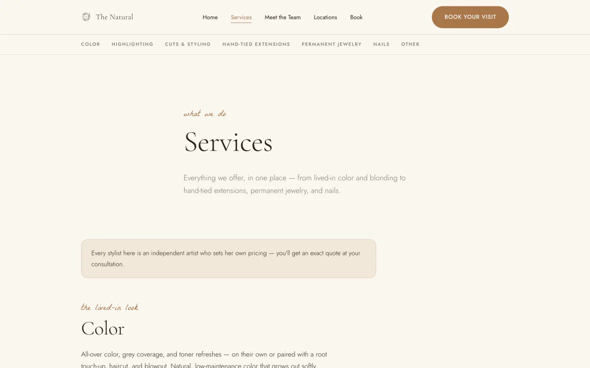 The services page: a clean menu with prices and durations, grouped by category.