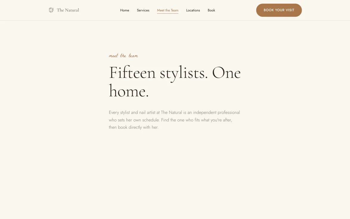 The Meet the Team page: a profile and Book button for each stylist.