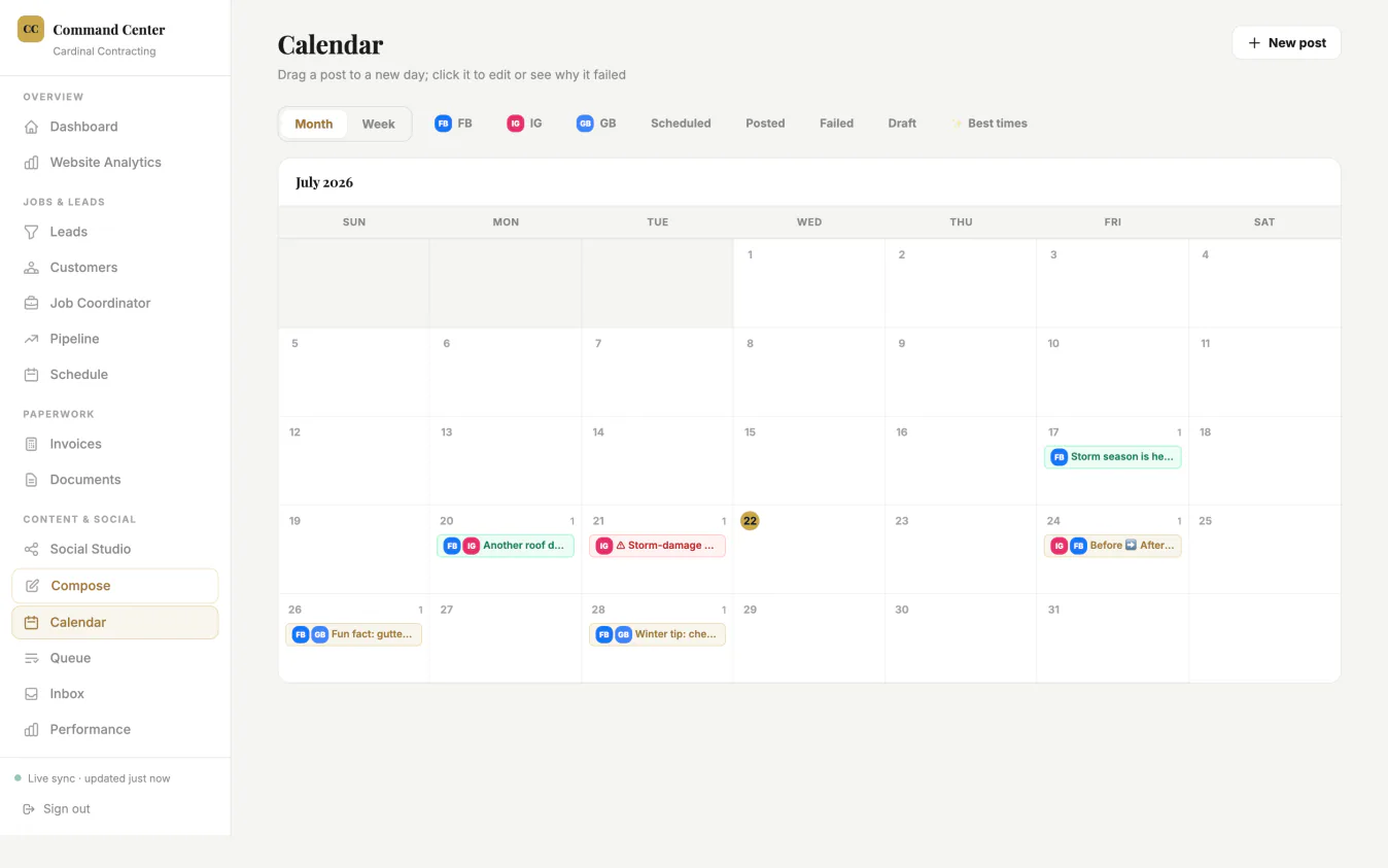 Content calendar with posts scheduled across networks, published through Social Studio