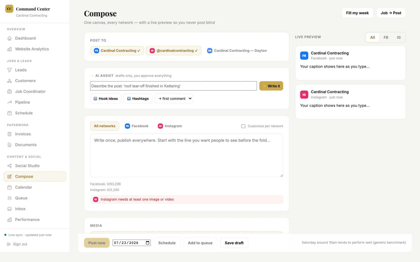 Social Studio Compose screen with an AI drafted caption and hook options