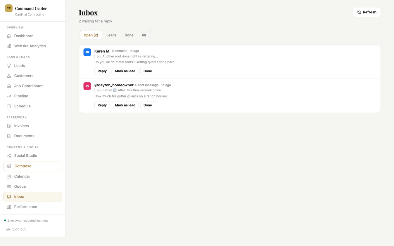 Social Studio inbox with comments and DMs from every network in one queue