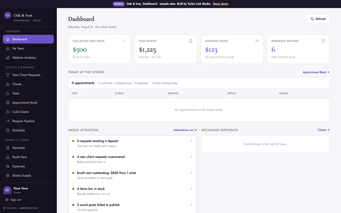 The Oak and Iron Tattoo dashboard: today's sessions, what needs attention, and the week's money.