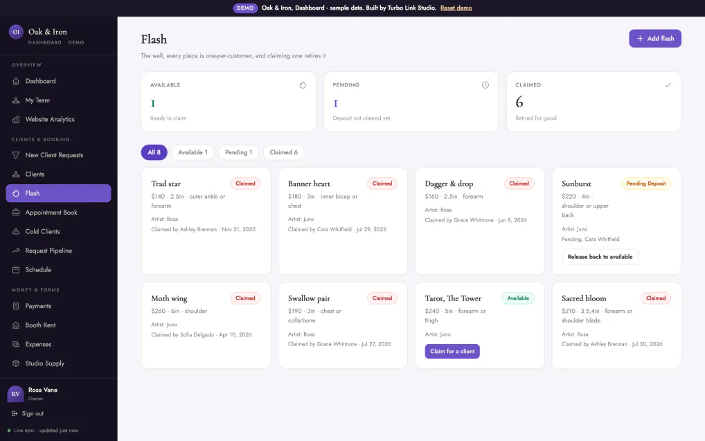 Flash and inventory management in the shop dashboard, feeding the public flash board.